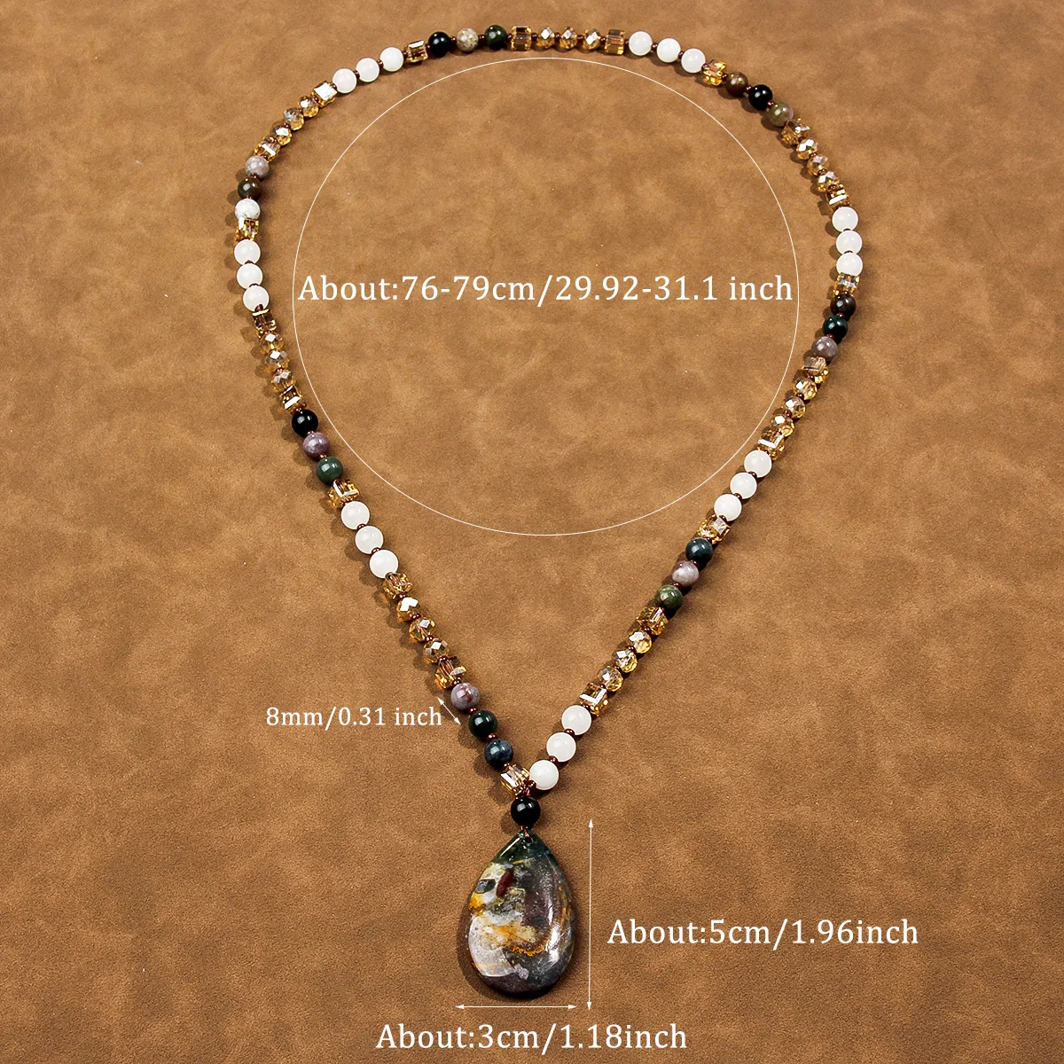 Bohemian style natural stone bead necklace for women's sweater chain suitable for daily wear (pendant color slightly different)