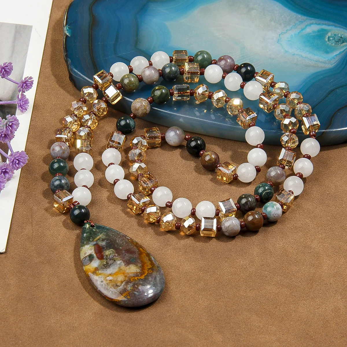 Bohemian style natural stone bead necklace for women's sweater chain suitable for daily wear (pendant color slightly different)