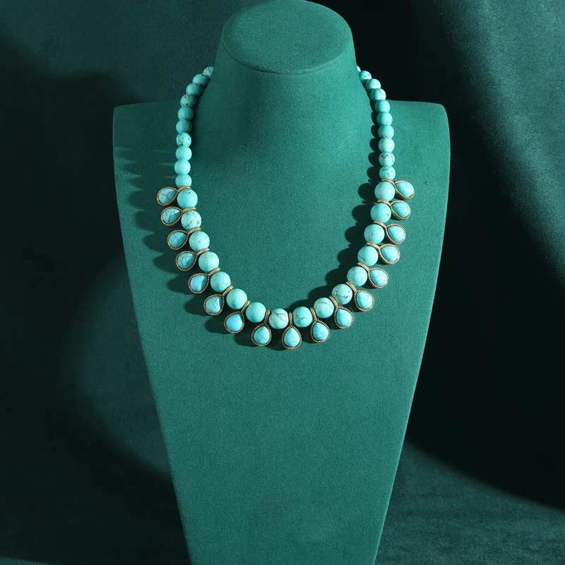 Bohemia Blue Natural Stone Water Drop Beads Chain Choker Necklace Vintage Jewelry for Woman Retro New in Boho Luxury Accessories