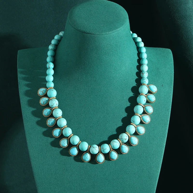 Bohemia Blue Natural Stone Water Drop Beads Chain Choker Necklace Vintage Jewelry for Woman Retro New in Boho Luxury Accessories