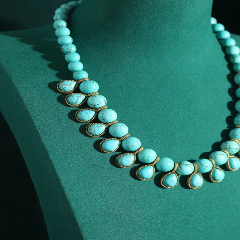 Bohemia Blue Natural Stone Water Drop Beads Chain Choker Necklace Vintage Jewelry for Woman Retro New in Boho Luxury Accessories