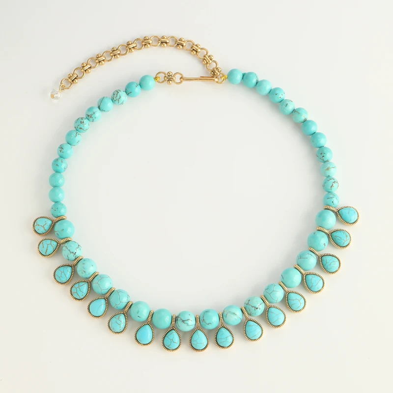 Bohemia Blue Natural Stone Water Drop Beads Chain Choker Necklace Vintage Jewelry for Woman Retro New in Boho Luxury Accessories