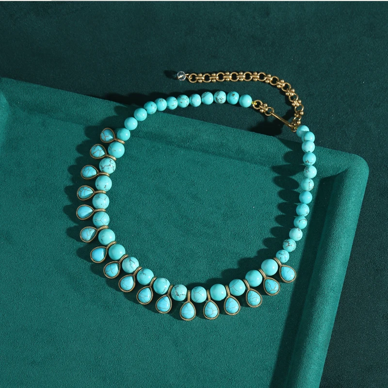 Bohemia Blue Natural Stone Water Drop Beads Chain Choker Necklace Vintage Jewelry for Woman Retro New in Boho Luxury Accessories