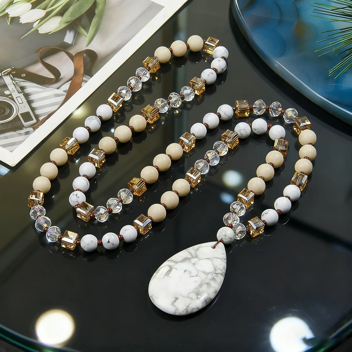 Bohemian retro style natural stone pendant necklace handmade bead sweater chain exquisite pendant Valentine's Day