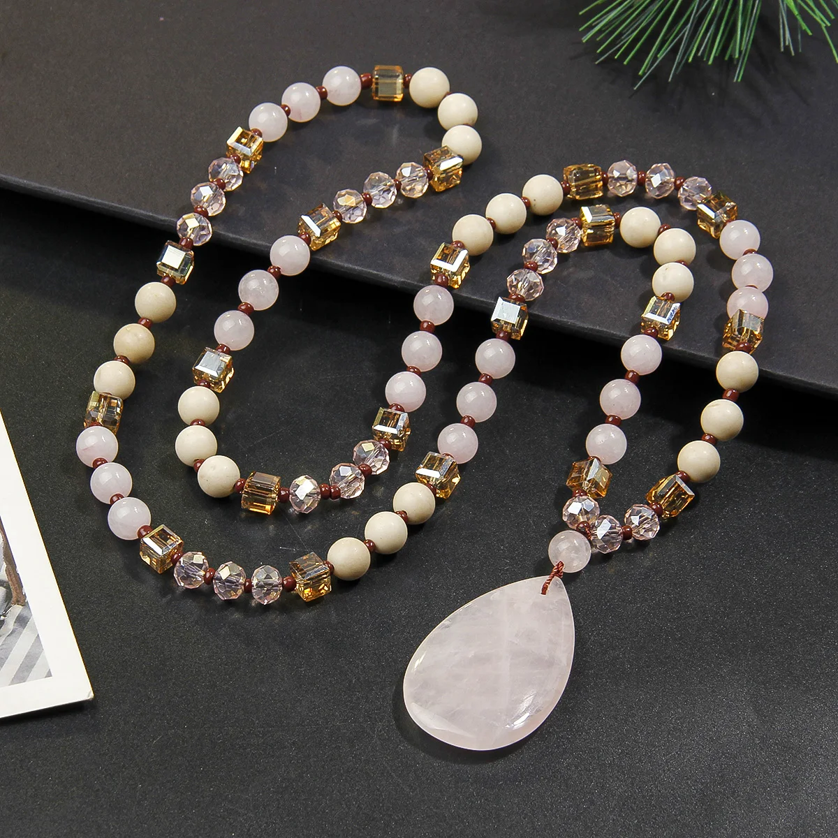 Bohemian retro style natural stone pendant necklace handmade bead sweater chain exquisite pendant Valentine's Day