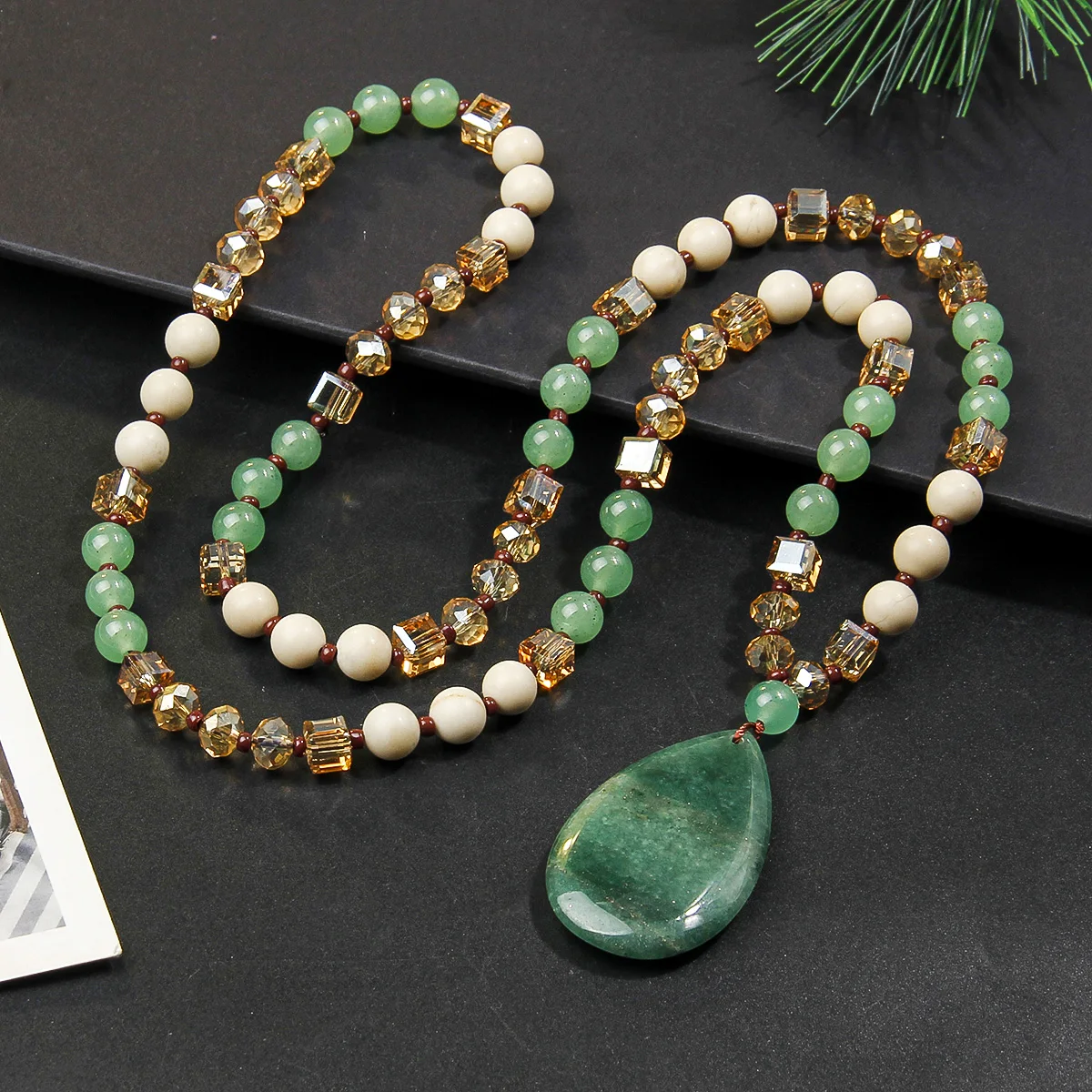 Bohemian retro style natural stone pendant necklace handmade bead sweater chain exquisite pendant Valentine's Day