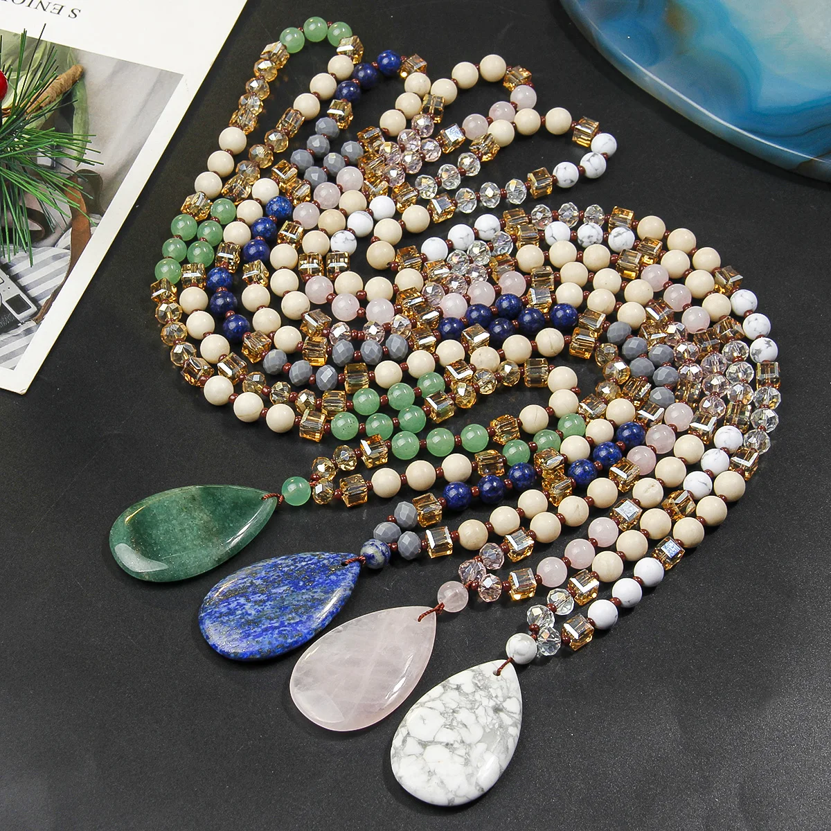 Bohemian retro style natural stone pendant necklace handmade bead sweater chain exquisite pendant Valentine's Day