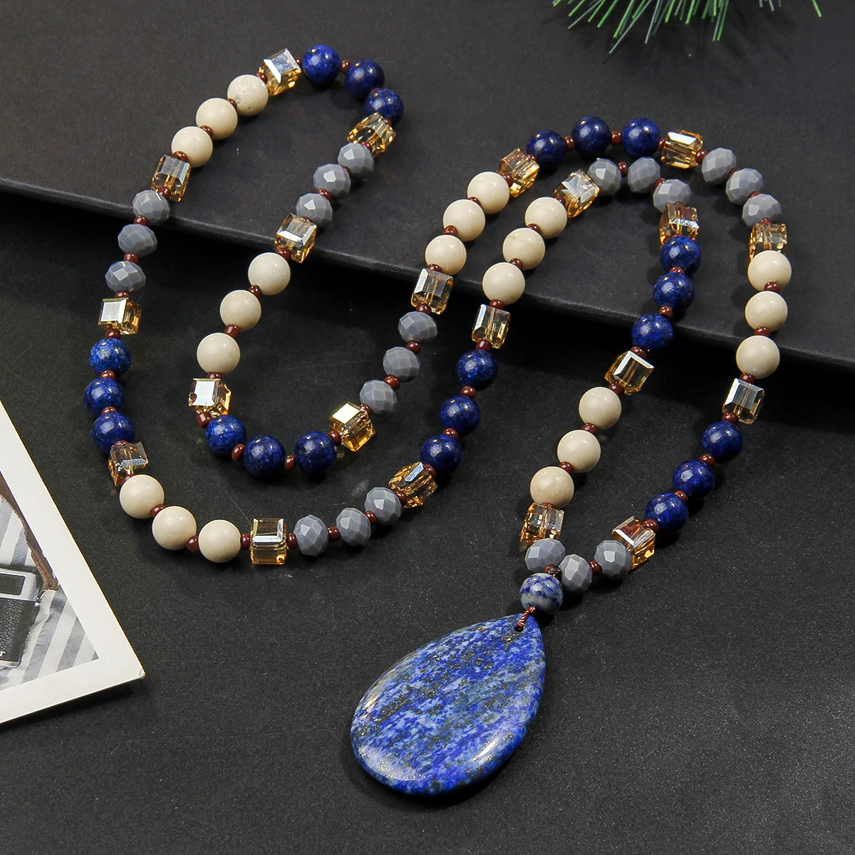 Bohemian retro style natural stone pendant necklace handmade bead sweater chain exquisite pendant Valentine's Day