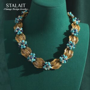 Vintage Handmade Flower Necklace Designer Bohemia Pearl Blue Beads Jewelry Chokers For Woman Antique Gold Color Leaves 2025