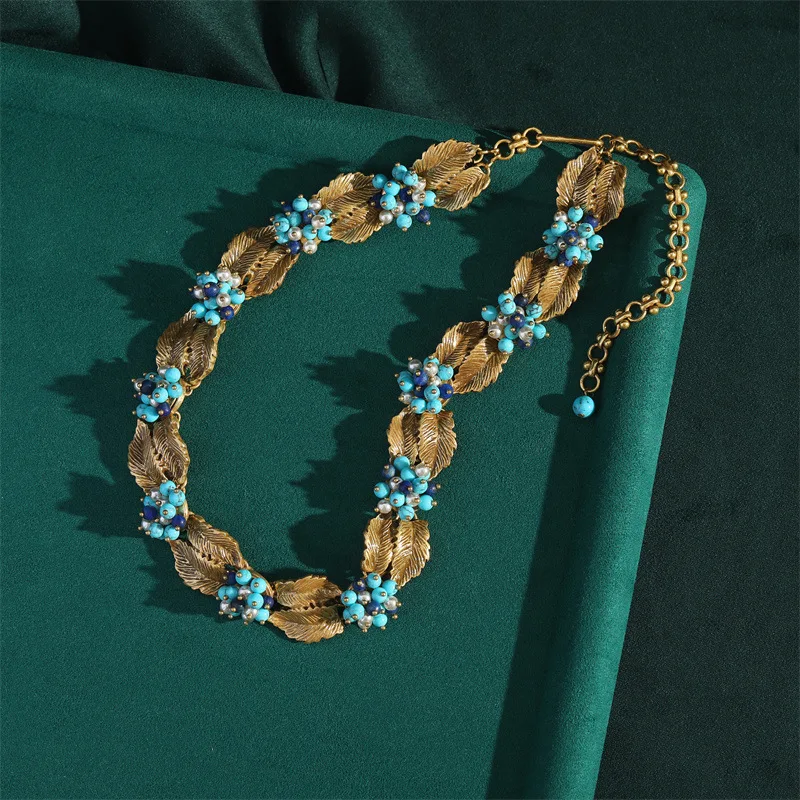 Vintage Handmade Flower Necklace Designer Bohemia Pearl Blue Beads Jewelry Chokers For Woman Antique Gold Color Leaves 2025