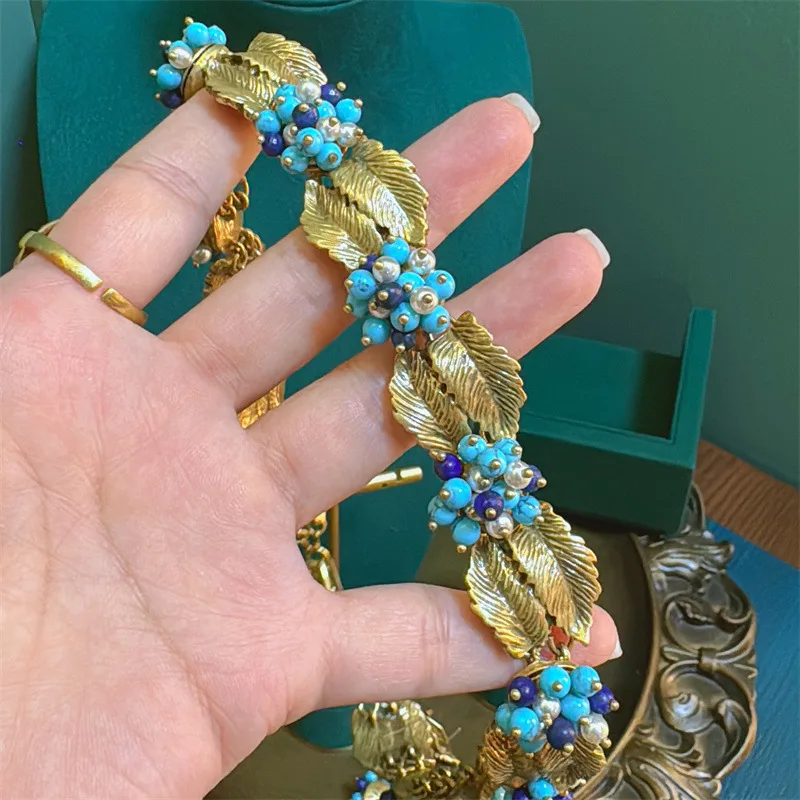 Vintage Handmade Flower Necklace Designer Bohemia Pearl Blue Beads Jewelry Chokers For Woman Antique Gold Color Leaves 2025