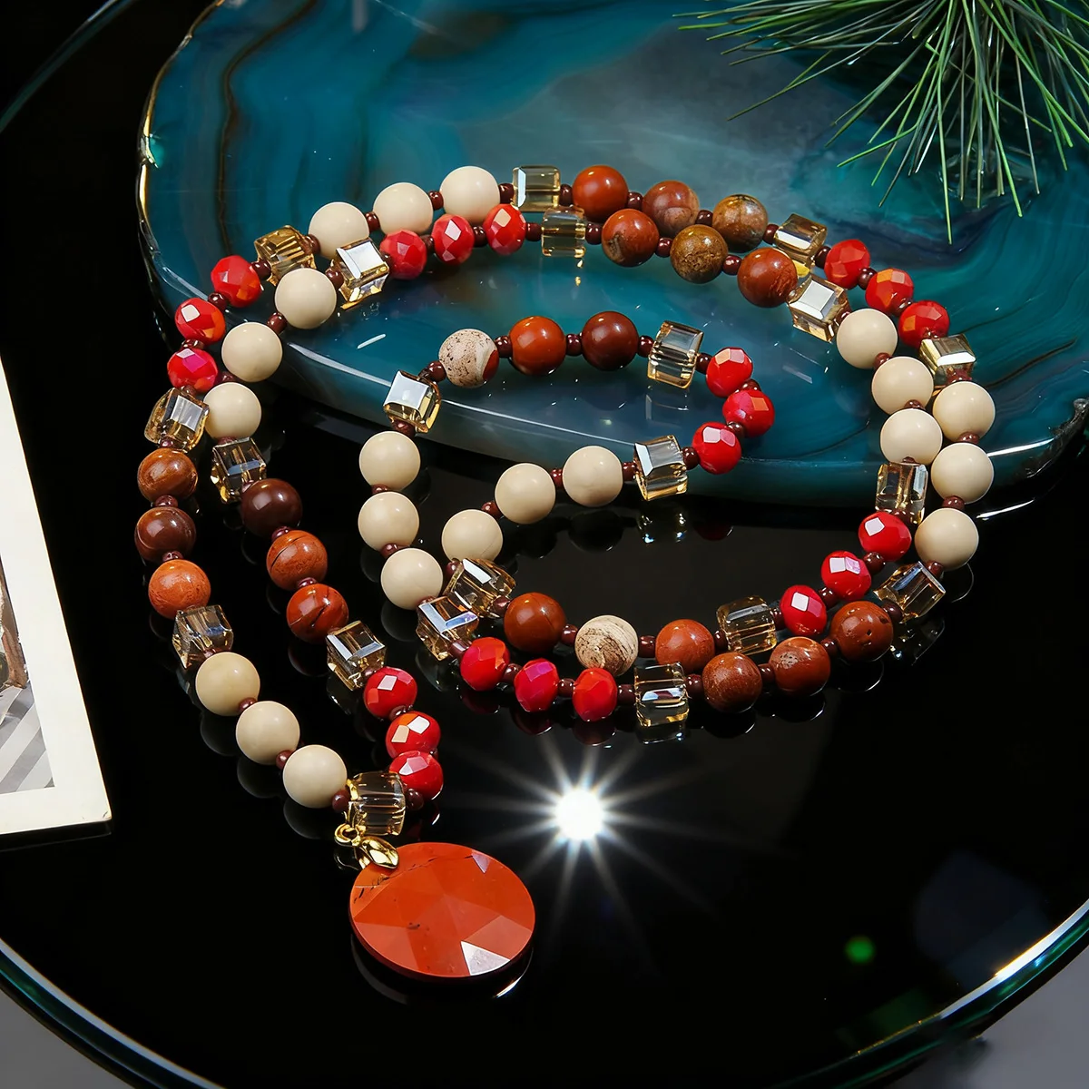 Bohemian style natural stone bead necklace with multiple sectional circular pendants suitable for daily wear and party wear