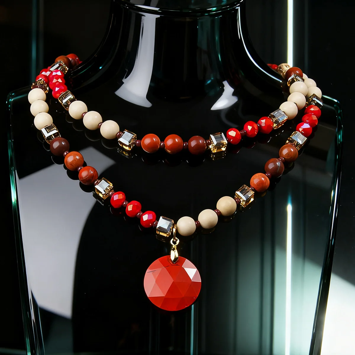 Bohemian style natural stone bead necklace with multiple sectional circular pendants suitable for daily wear and party wear