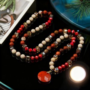Bohemian style natural stone bead necklace with multiple sectional circular pendants suitable for daily wear and party wear