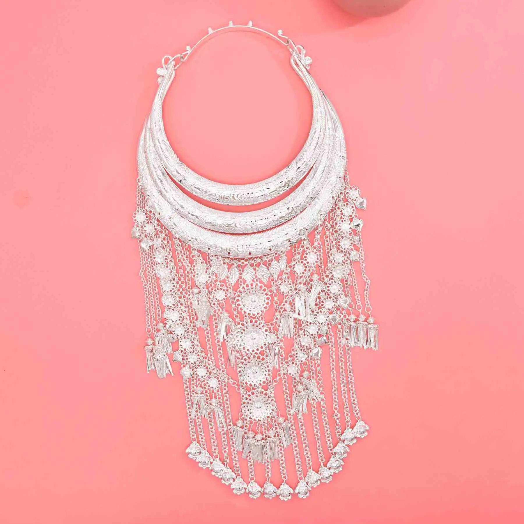 Ethnic Silver Color Long Tassel Heart Flower Necklace Women Jewelry Bohemian Dance Dress Accessories