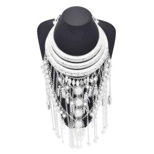 Ethnic Silver Color Long Tassel Heart Flower Necklace Women Jewelry Bohemian Dance Dress Accessories