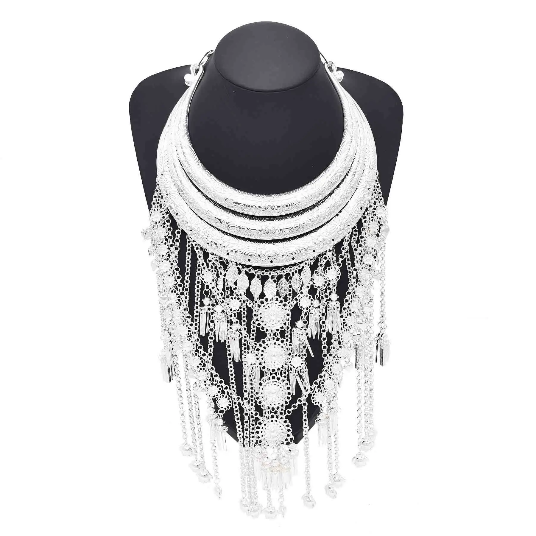 Ethnic Silver Color Long Tassel Heart Flower Necklace Women Jewelry Bohemian Dance Dress Accessories
