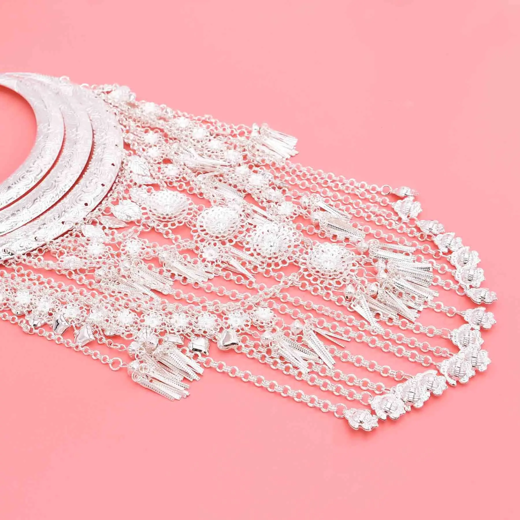 Ethnic Silver Color Long Tassel Heart Flower Necklace Women Jewelry Bohemian Dance Dress Accessories