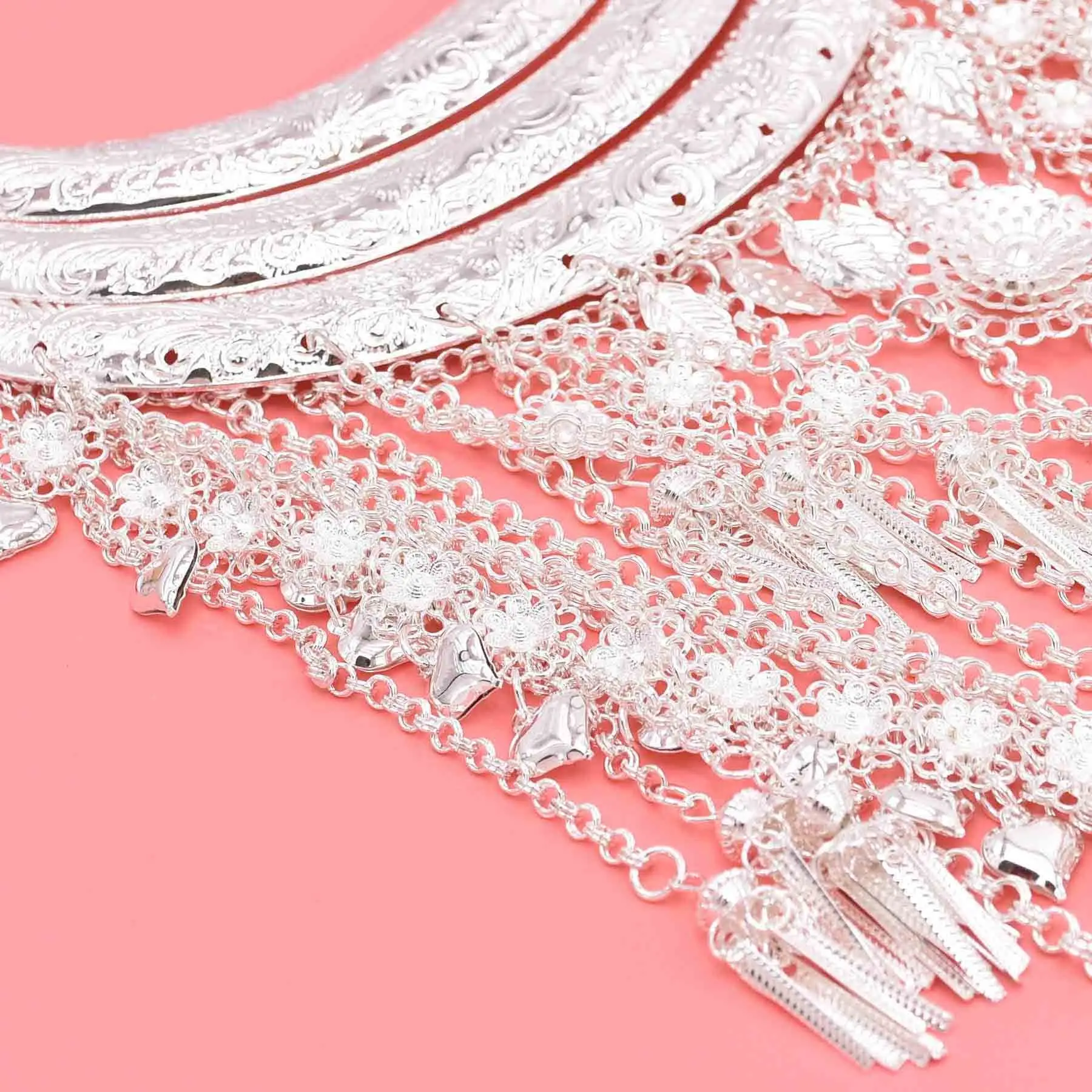 Ethnic Silver Color Long Tassel Heart Flower Necklace Women Jewelry Bohemian Dance Dress Accessories