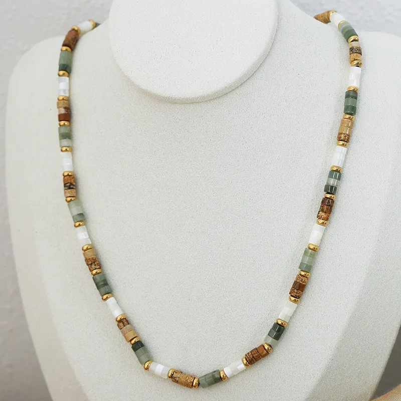 Bohemia Crystal Beaded Necklace Women Handmade Stainless Steel Chain Retro Multicolor Stone Choker Jewelry 2024