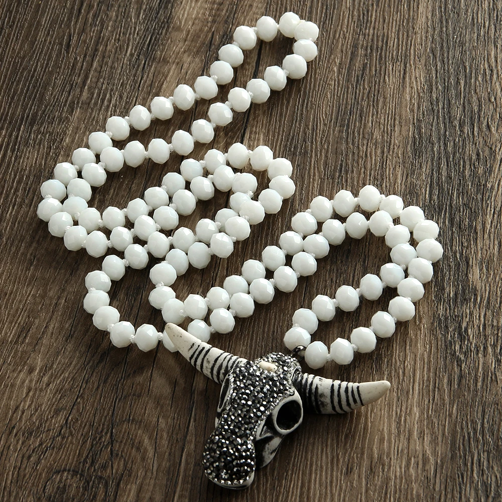 Fashion Bohemian Tribal Jewelry 5X8 Glass Crystal Handmade Paved Bull Head Charm Necklace