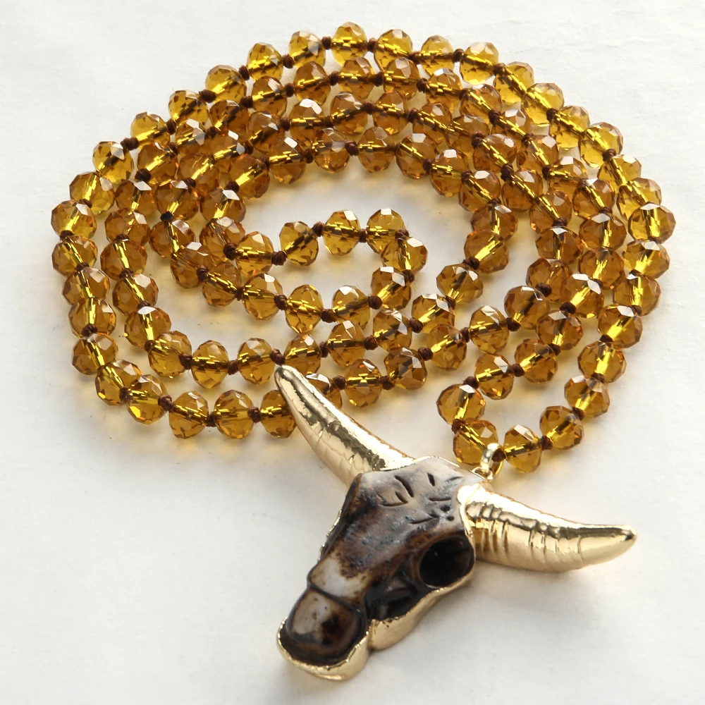 Fashion Bohemian Tribal Jewelry 5X8 Glass Crystal Handmade Paved Bull Head Charm Necklace