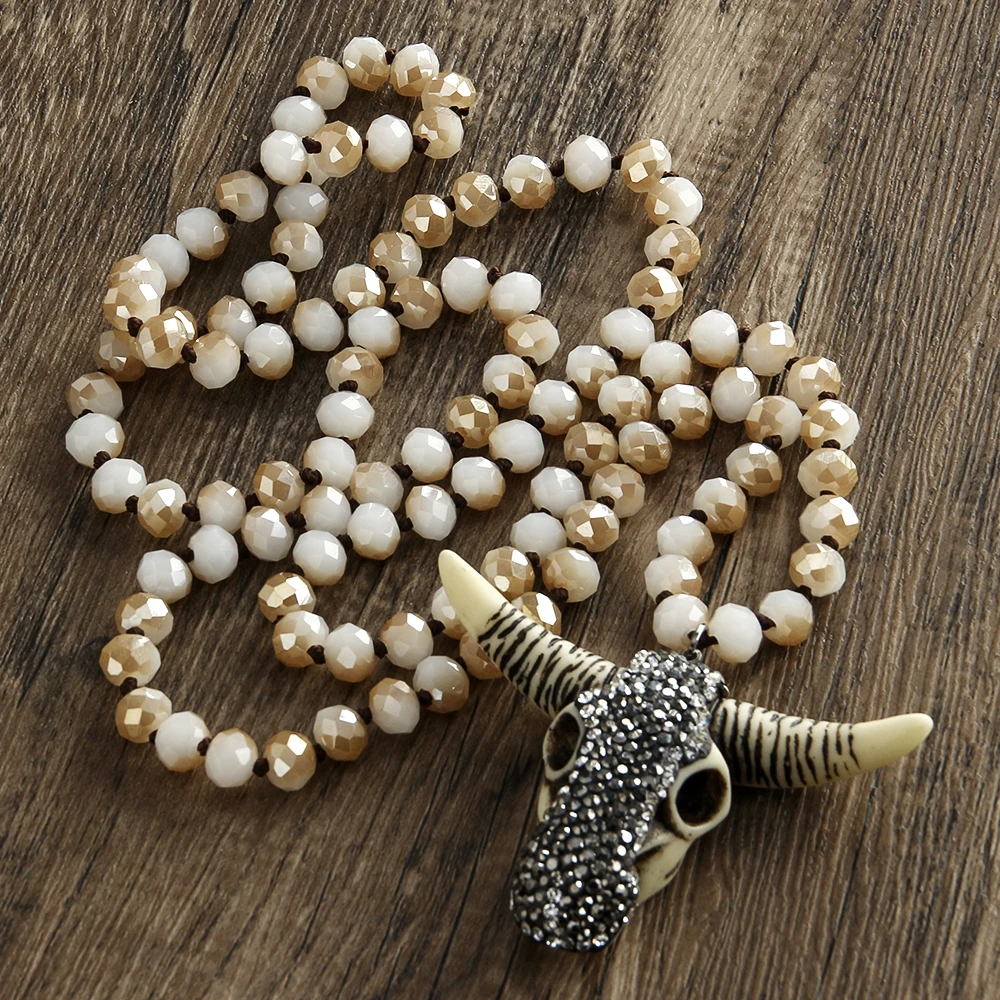 Fashion Bohemian Tribal Jewelry 5X8 Glass Crystal Handmade Paved Bull Head Charm Necklace