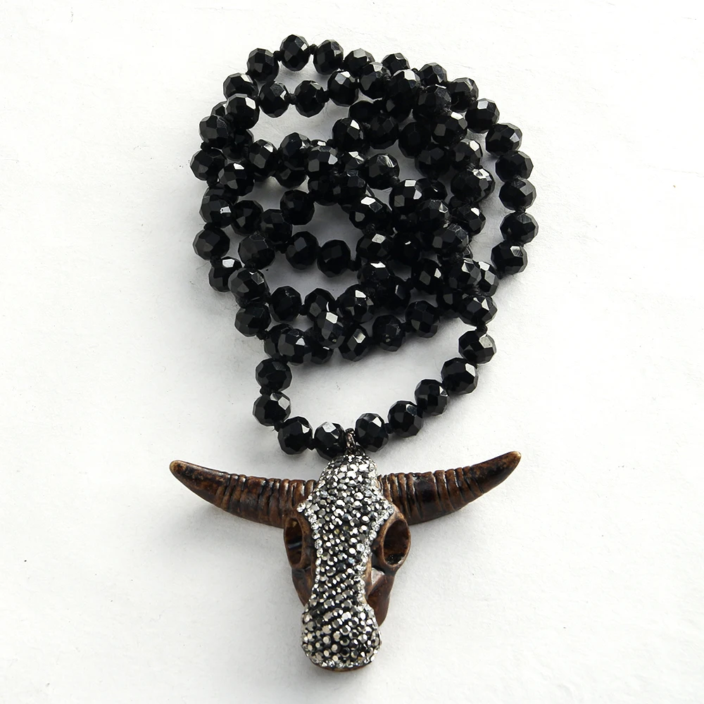 Fashion Bohemian Tribal Jewelry 5X8 Glass Crystal Handmade Paved Bull Head Charm Necklace