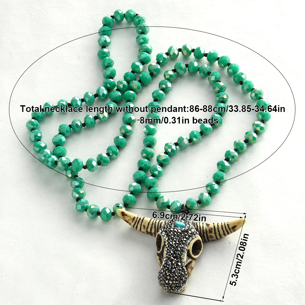 Fashion Bohemian Tribal Jewelry 5X8 Glass Crystal Handmade Paved Bull Head Charm Necklace