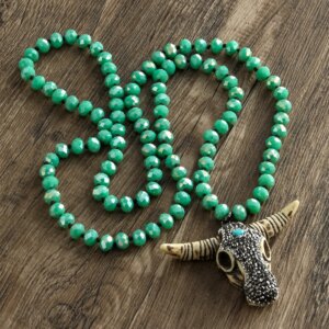 Fashion Bohemian Tribal Jewelry 5X8 Glass Crystal Handmade Paved Bull Head Charm Necklace