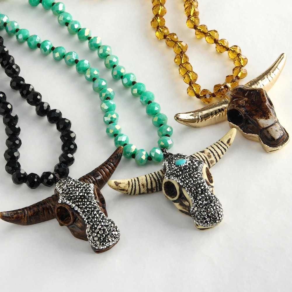 Fashion Bohemian Tribal Jewelry 5X8 Glass Crystal Handmade Paved Bull Head Charm Necklace