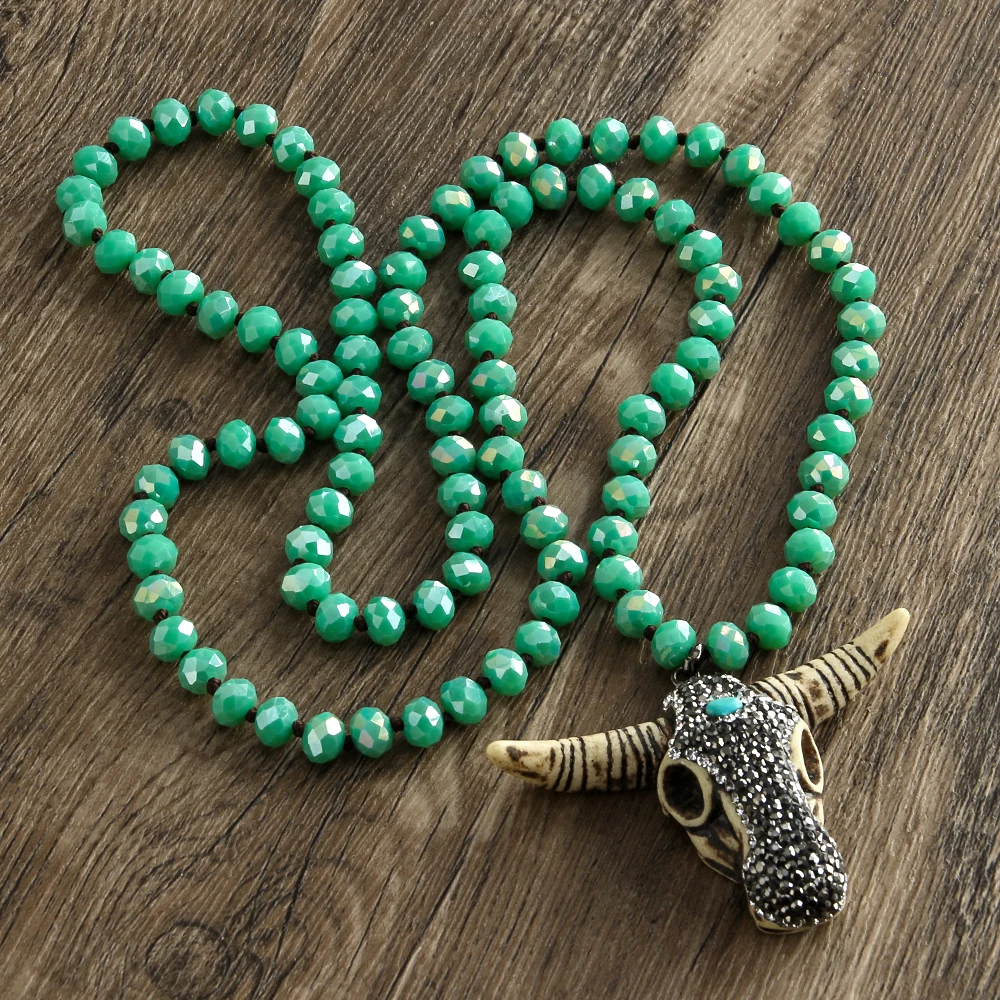 Fashion Bohemian Tribal Jewelry 5X8 Glass Crystal Handmade Paved Bull Head Charm Necklace