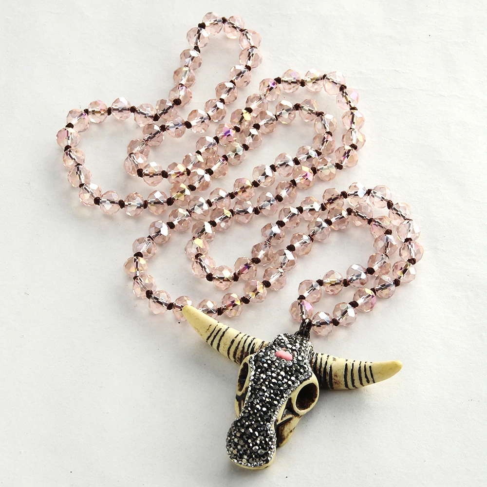 Fashion Bohemian Tribal Jewelry 5X8 Glass Crystal Handmade Paved Bull Head Charm Necklace