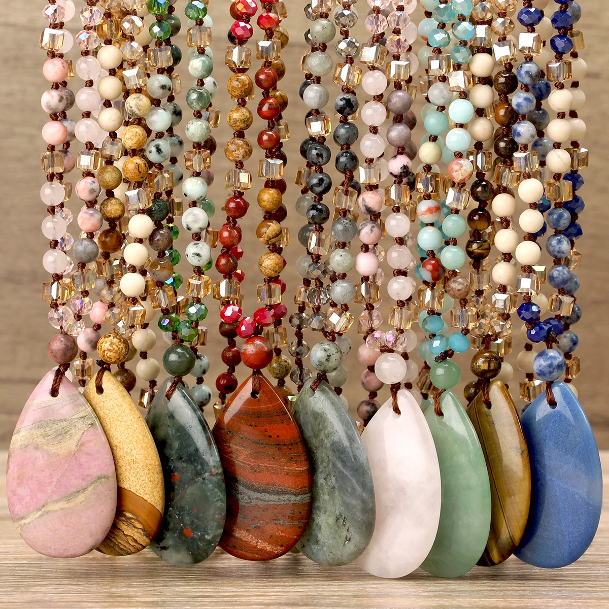 9-Colour Selection Bohemian Natural Stone Large Teardrop Pendant Long Necklace/Jumper Chain For Women Hand-woven