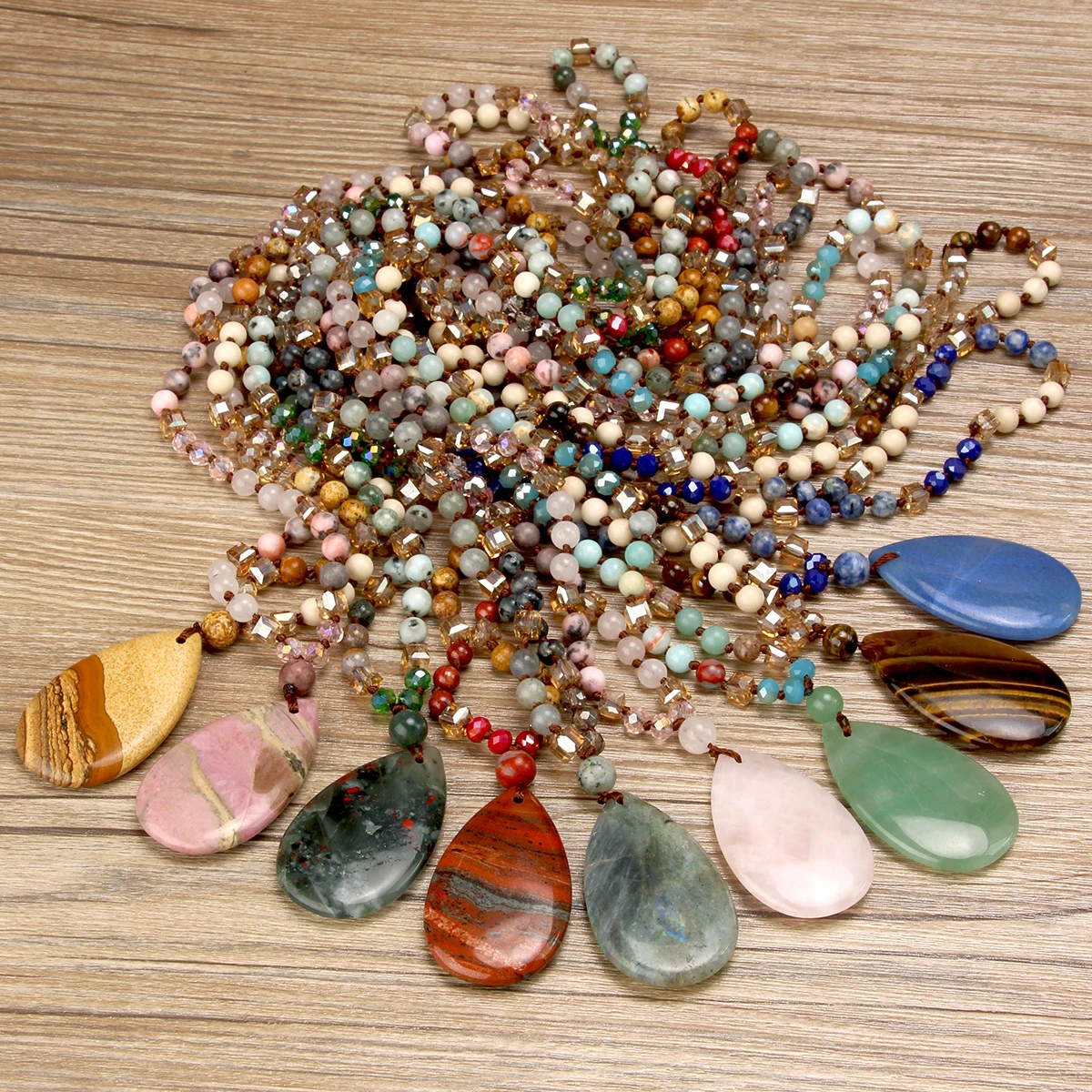 9-Colour Selection Bohemian Natural Stone Large Teardrop Pendant Long Necklace/Jumper Chain For Women Hand-woven