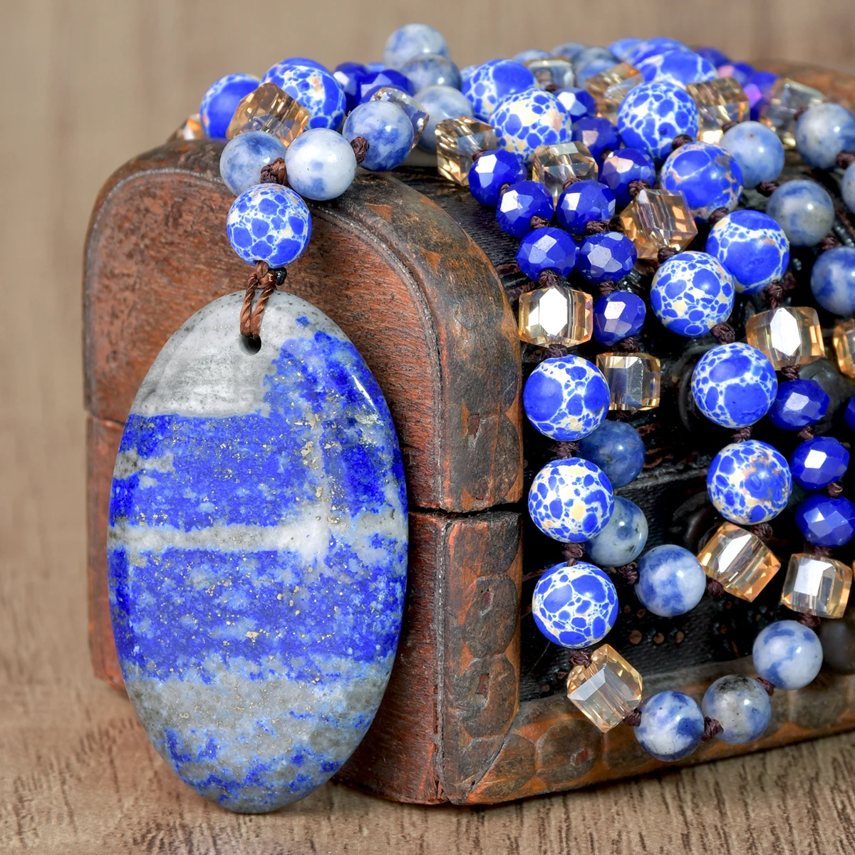 9-Colour Selection Bohemian Natural Stone Large Teardrop Pendant Long Necklace/Jumper Chain For Women Hand-woven