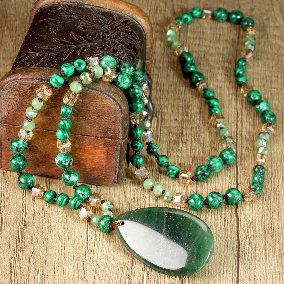 9-Colour Selection Bohemian Natural Stone Large Teardrop Pendant Long Necklace/Jumper Chain For Women Hand-woven