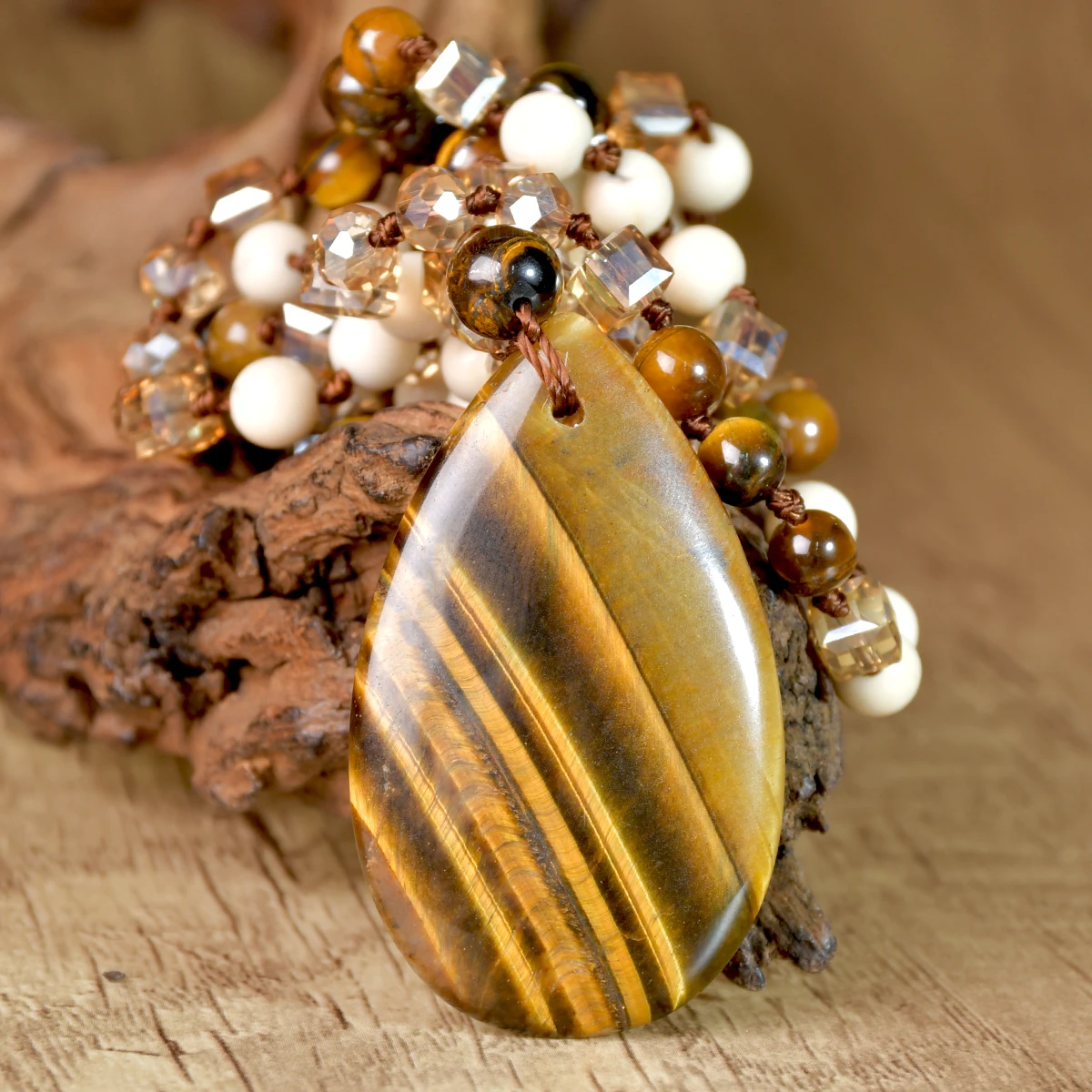 9-Colour Selection Bohemian Natural Stone Large Teardrop Pendant Long Necklace/Jumper Chain For Women Hand-woven