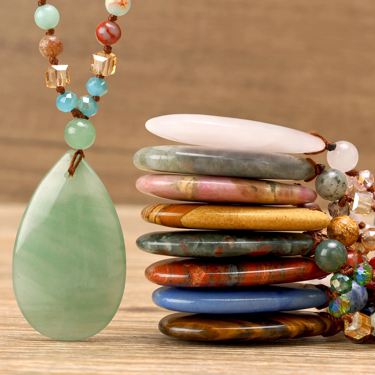 9-Colour Selection Bohemian Natural Stone Large Teardrop Pendant Long Necklace/Jumper Chain For Women Hand-woven