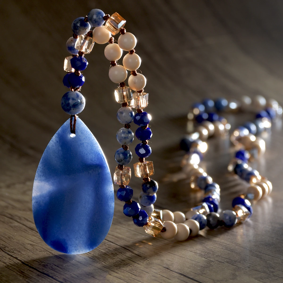 9-Colour Selection Bohemian Natural Stone Large Teardrop Pendant Long Necklace/Jumper Chain For Women Hand-woven