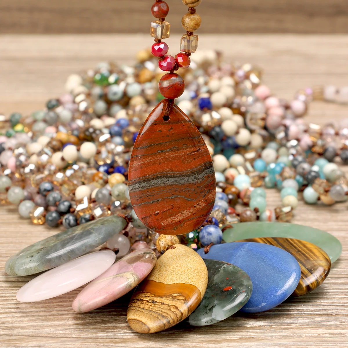9-Colour Selection Bohemian Natural Stone Large Teardrop Pendant Long Necklace/Jumper Chain For Women Hand-woven