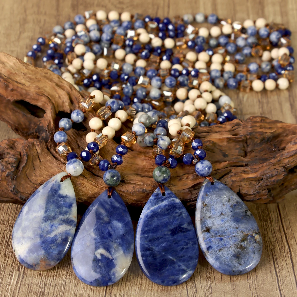 9-Colour Selection Bohemian Natural Stone Large Teardrop Pendant Long Necklace/Jumper Chain For Women Hand-woven