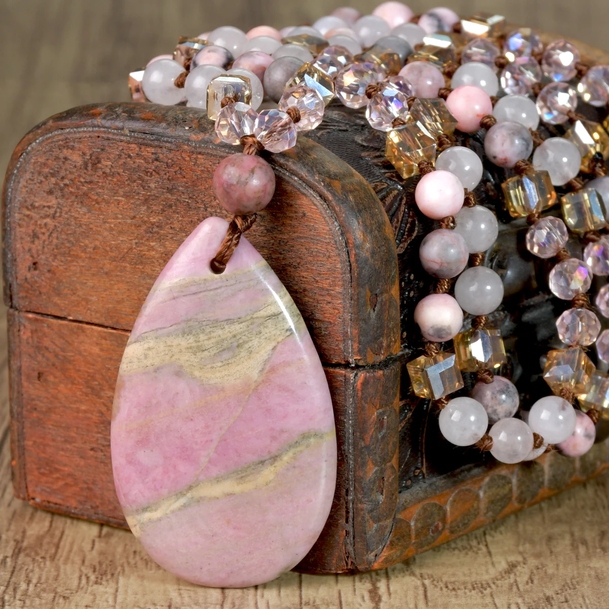 9-Colour Selection Bohemian Natural Stone Large Teardrop Pendant Long Necklace/Jumper Chain For Women Hand-woven