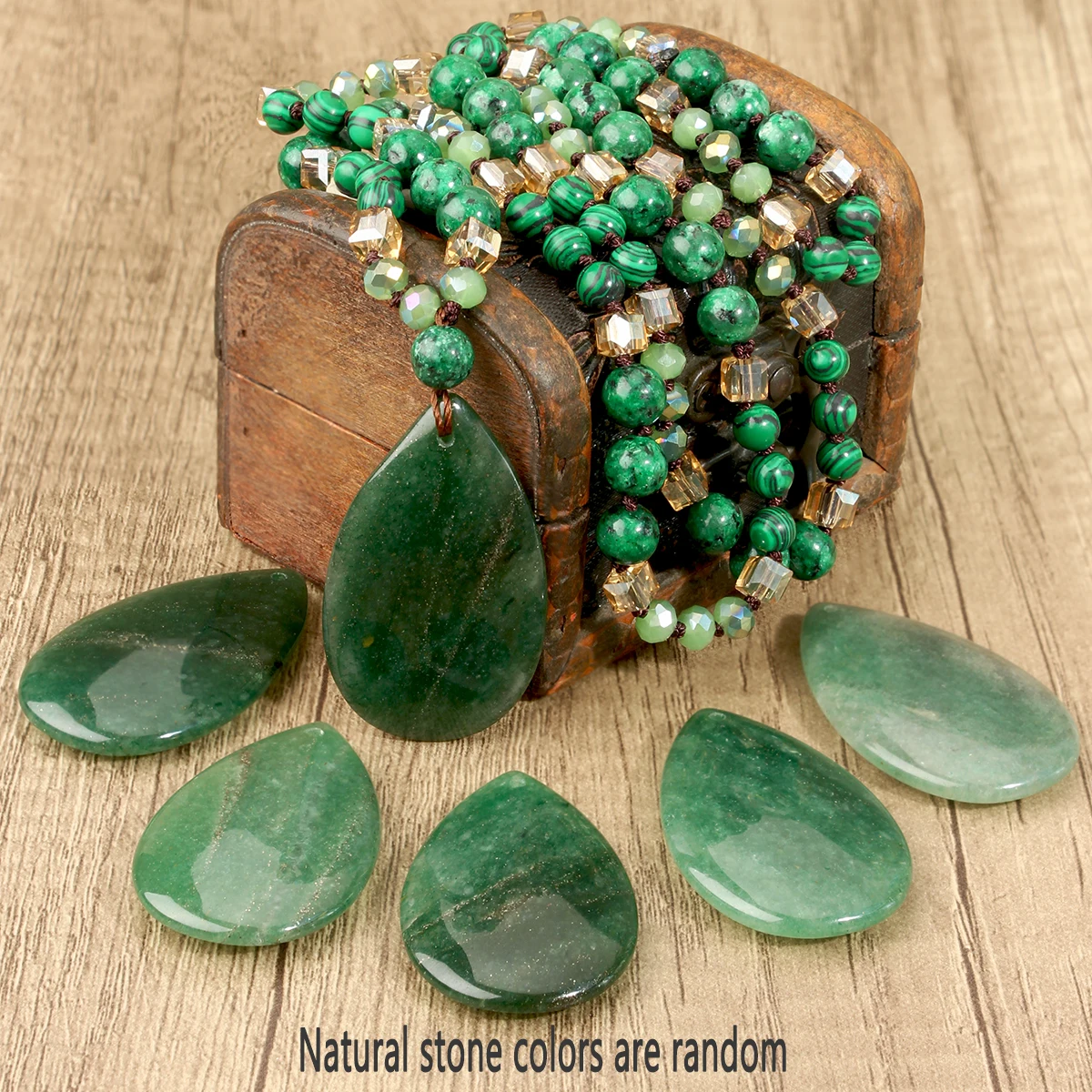 9-Colour Selection Bohemian Natural Stone Large Teardrop Pendant Long Necklace/Jumper Chain For Women Hand-woven