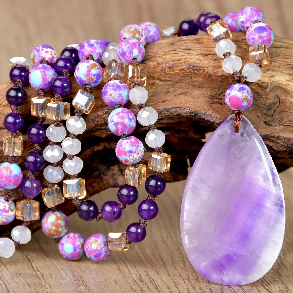 9-Colour Selection Bohemian Natural Stone Large Teardrop Pendant Long Necklace/Jumper Chain For Women Hand-woven