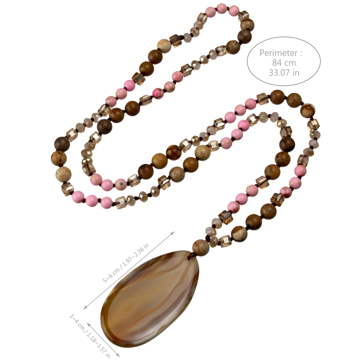 9-Colour Selection Bohemian Natural Stone Large Teardrop Pendant Long Necklace/Jumper Chain For Women Hand-woven