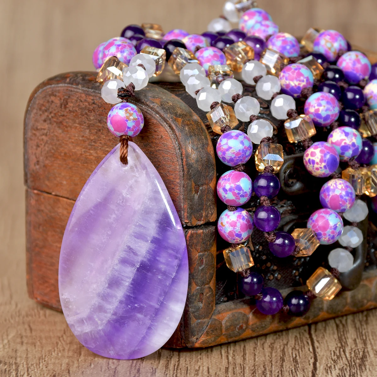 9-Colour Selection Bohemian Natural Stone Large Teardrop Pendant Long Necklace/Jumper Chain For Women Hand-woven