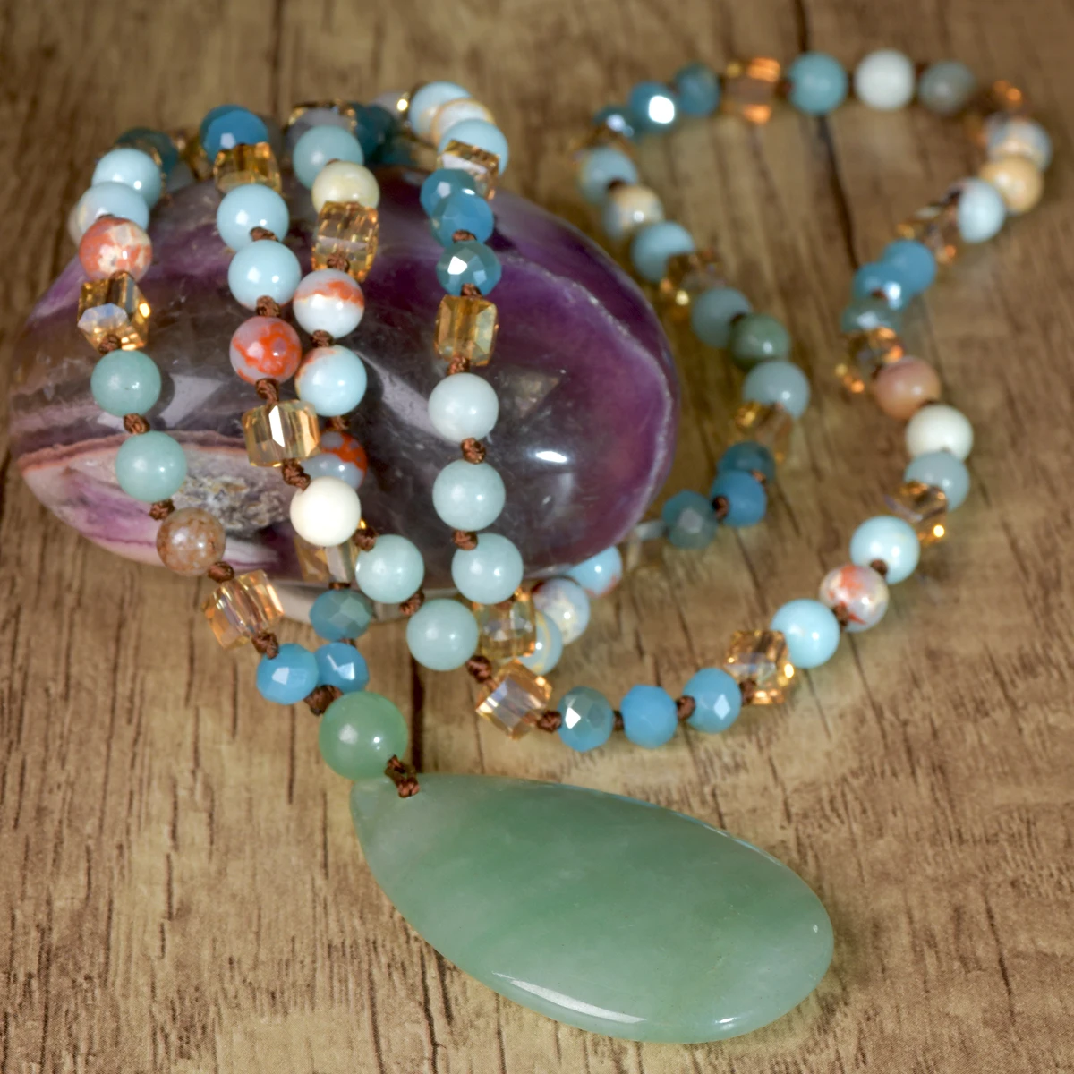 9-Colour Selection Bohemian Natural Stone Large Teardrop Pendant Long Necklace/Jumper Chain For Women Hand-woven