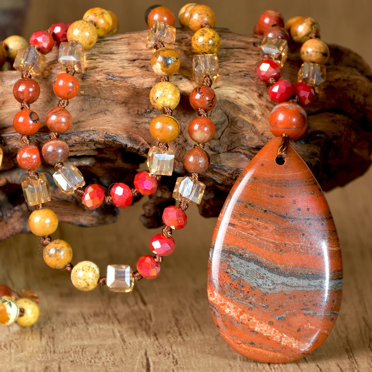 9-Colour Selection Bohemian Natural Stone Large Teardrop Pendant Long Necklace/Jumper Chain For Women Hand-woven