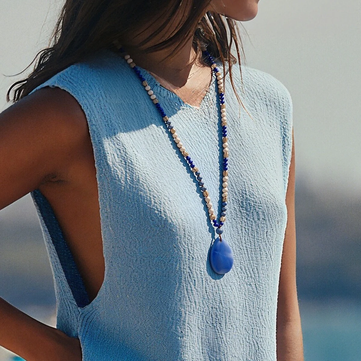 9-Colour Selection Bohemian Natural Stone Large Teardrop Pendant Long Necklace/Jumper Chain For Women Hand-woven